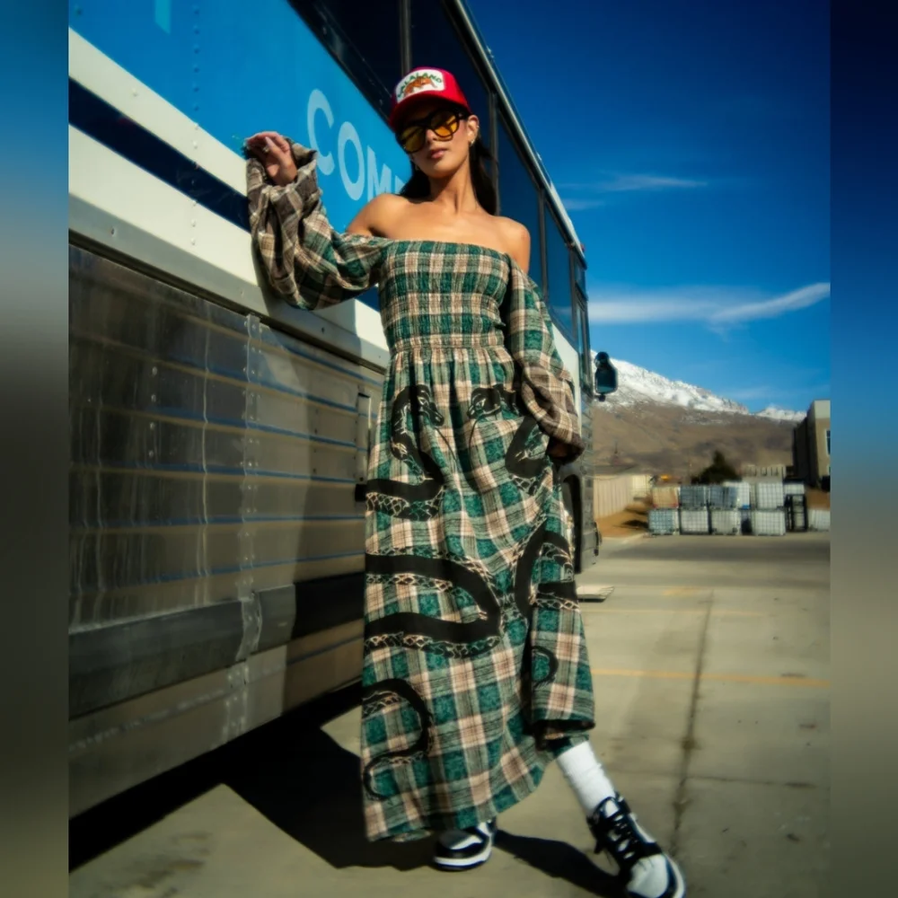 Dressed In LALA Sweet Revenge Smocked Plaid Snake Dress Size Medium - Picture 2 of 12